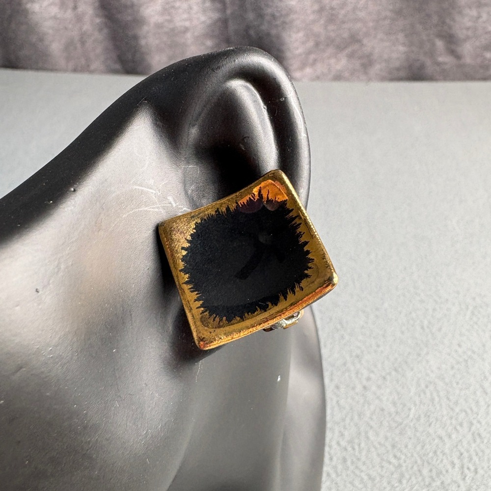 Vintage Gold Tone Black Enamel Square Clip On Earrings Mid Century Modern Style